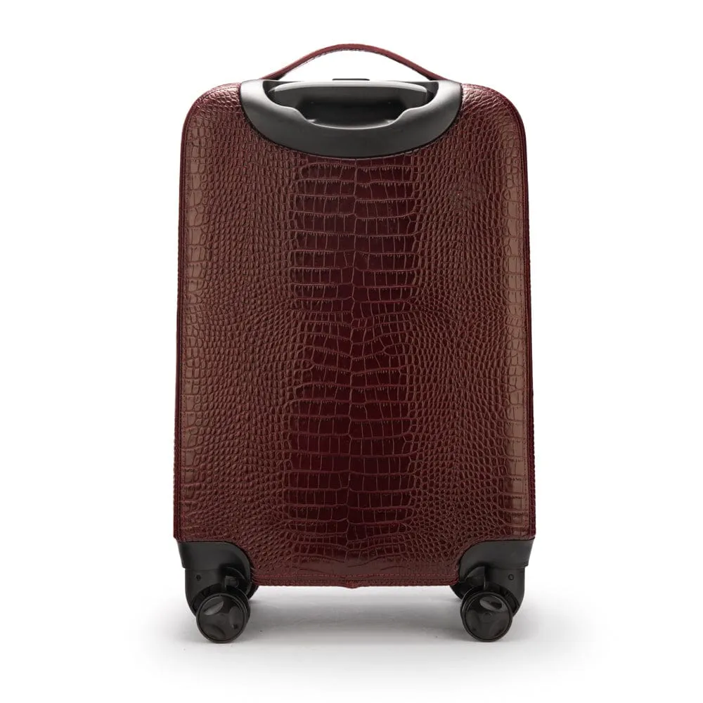 Small 4 Wheel Leather Suitcase - Burgundy Croc-Effect