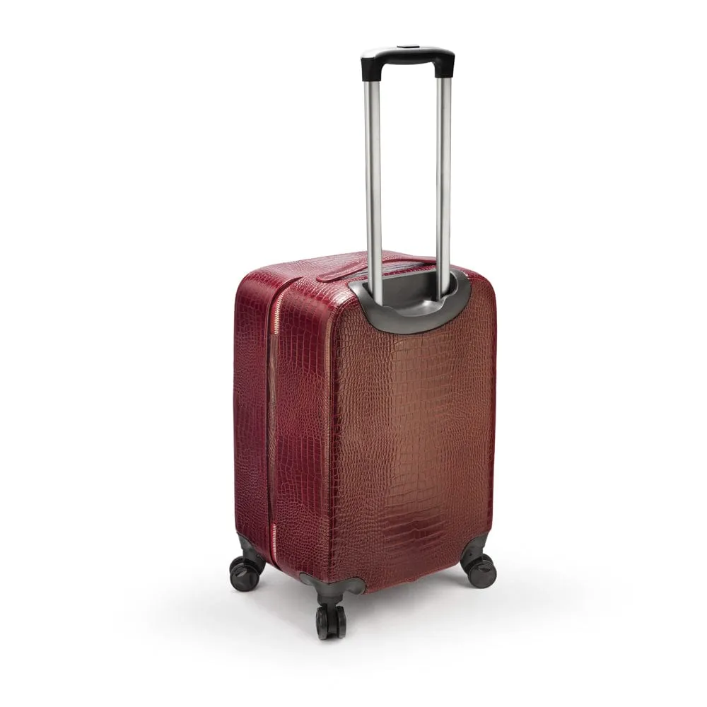 Small 4 Wheel Leather Suitcase - Burgundy Croc-Effect