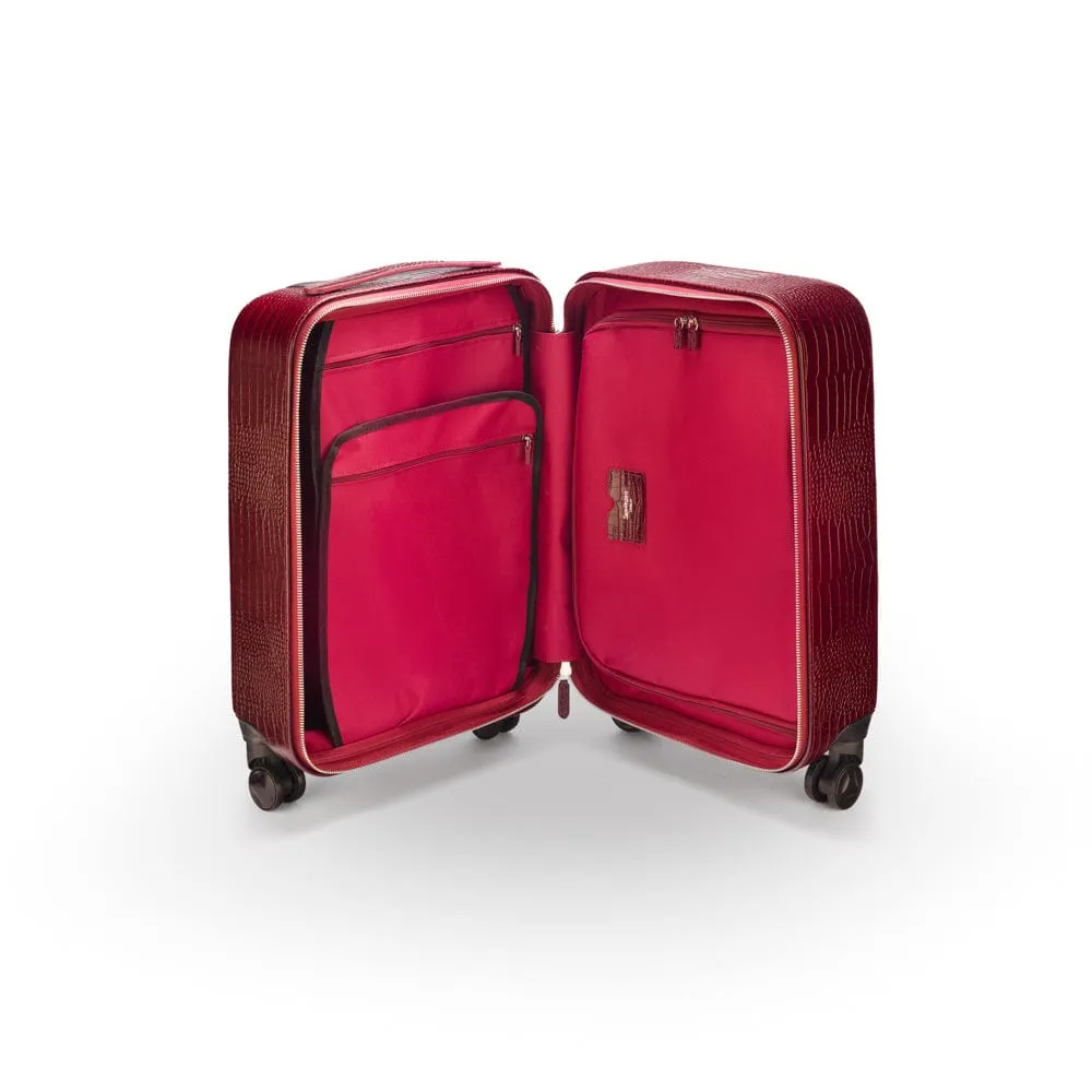Small 4 Wheel Leather Suitcase - Burgundy Croc-Effect