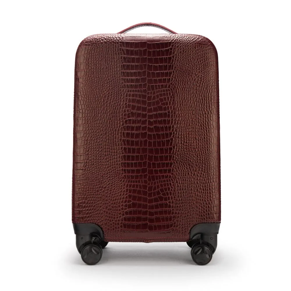 Small 4 Wheel Leather Suitcase - Burgundy Croc-Effect