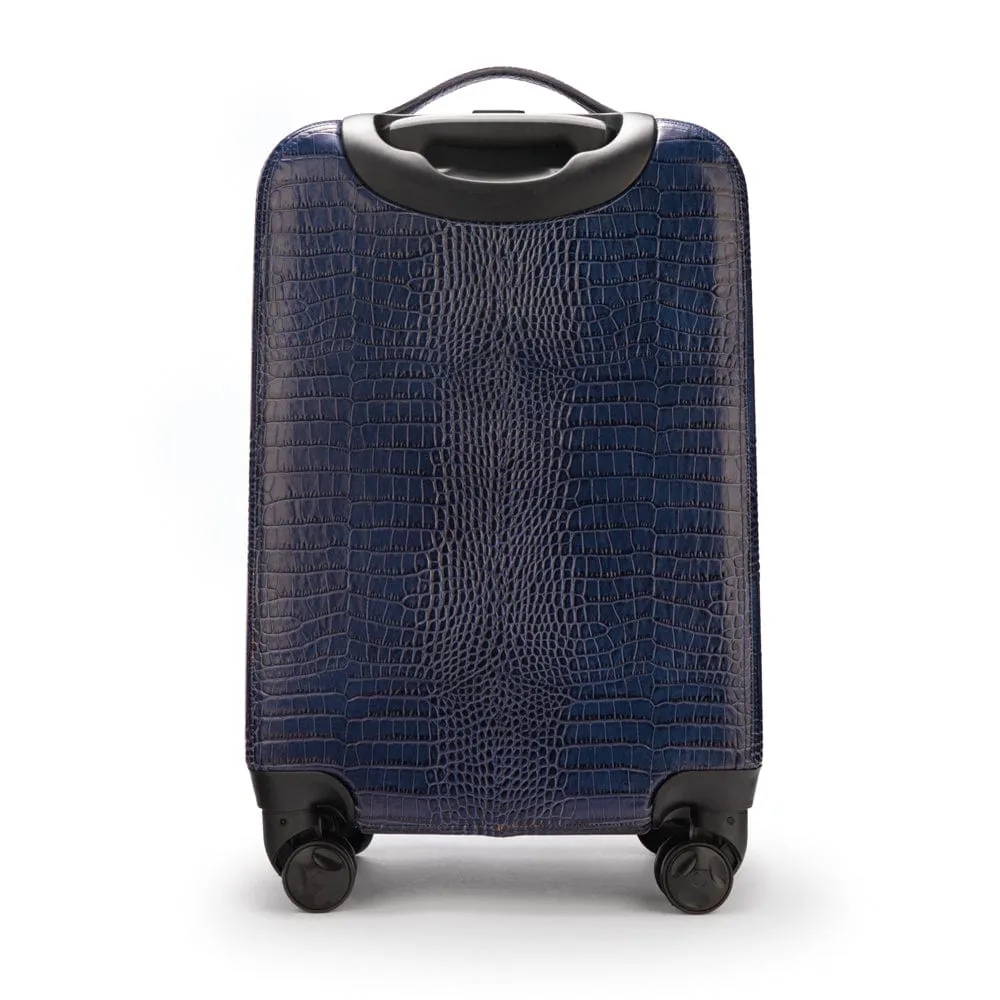 Small 4 Wheel Leather Suitcase - Navy Croc-Effect