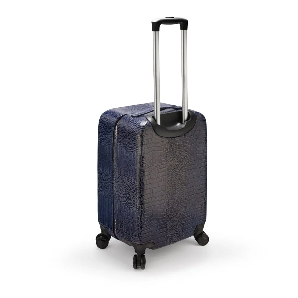 Small 4 Wheel Leather Suitcase - Navy Croc-Effect