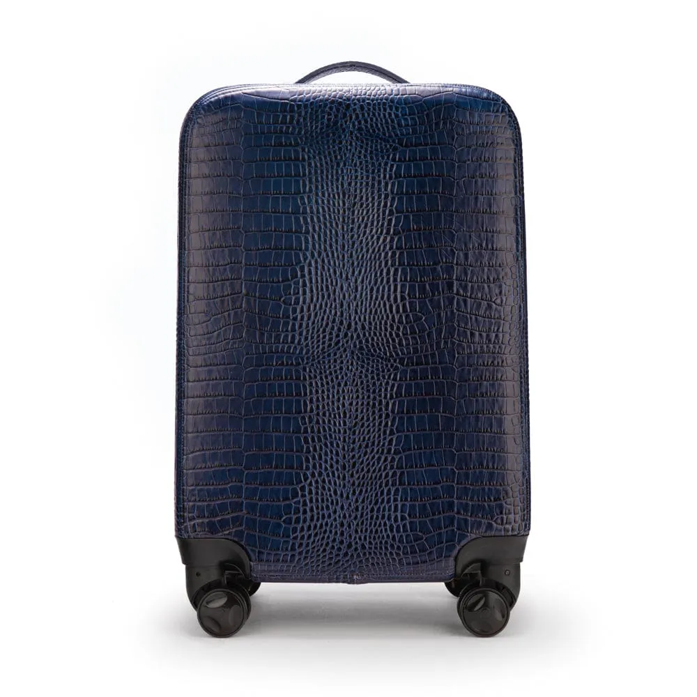 Small 4 Wheel Leather Suitcase - Navy Croc-Effect