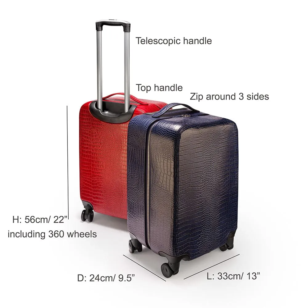 Small 4 Wheel Leather Suitcase - Navy Croc-Effect