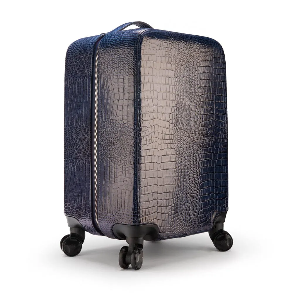 Small 4 Wheel Leather Suitcase - Navy Croc-Effect