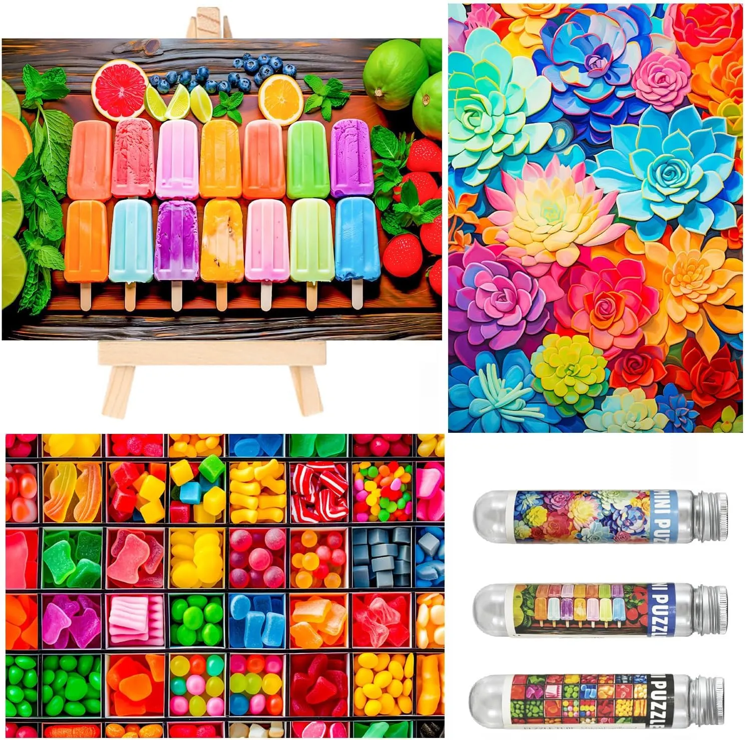 Small Jigsaw Puzzles for Adults 150 Pieces Colorful Candy Ice Pop Succulent Mini Jigsaw Puzzles Challenging Mini Puzzles Tiny Jigsaw Puzzles 6 x 4 Inches, 3 Pcs,Mini Easel Included
