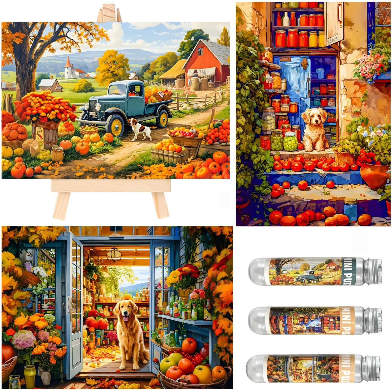 Small Jigsaw Puzzles for Adults 150 Pieces Vintage Country Puppy Painting Challenging Mini Puzzles Tiny Jigsaw Puzzles 6 x 4 Inches, 3 Pcs,Mini Easel Included