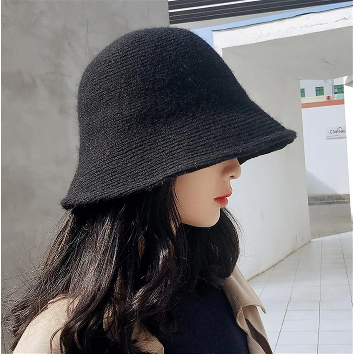 Solid Color Faux Shearling Bucket Hats for Women, Winter Bucket Hat Casual Fluffy Warm Windproof Knit Wool Fisherman Cap Nylon Basin Hat Soft Outdoor Fishing Cap for Womens Girls, Black