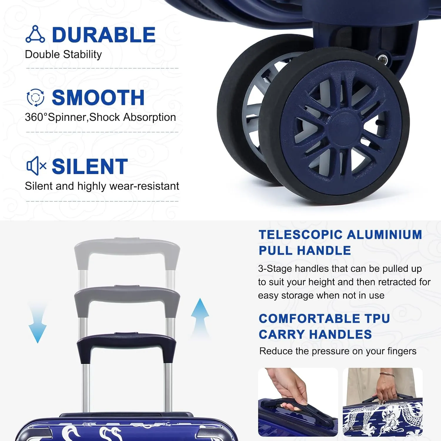 Somago 3 Piece Luggage Sets Lightweight PC ABS Hardshell Travel Suitcase with Spinner Wheels TSA Lock YKK Zippers Corner Protection Loong Cultural Design(13"/20"/24", Navy)