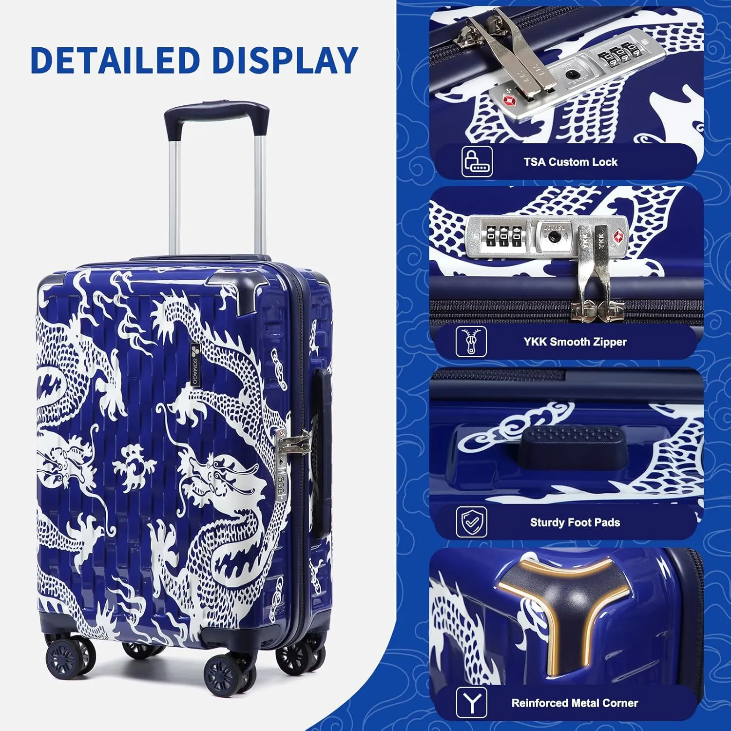Somago 3 Piece Luggage Sets Lightweight PC ABS Hardshell Travel Suitcase with Spinner Wheels TSA Lock YKK Zippers Corner Protection Loong Cultural Design(13"/20"/24", Navy)