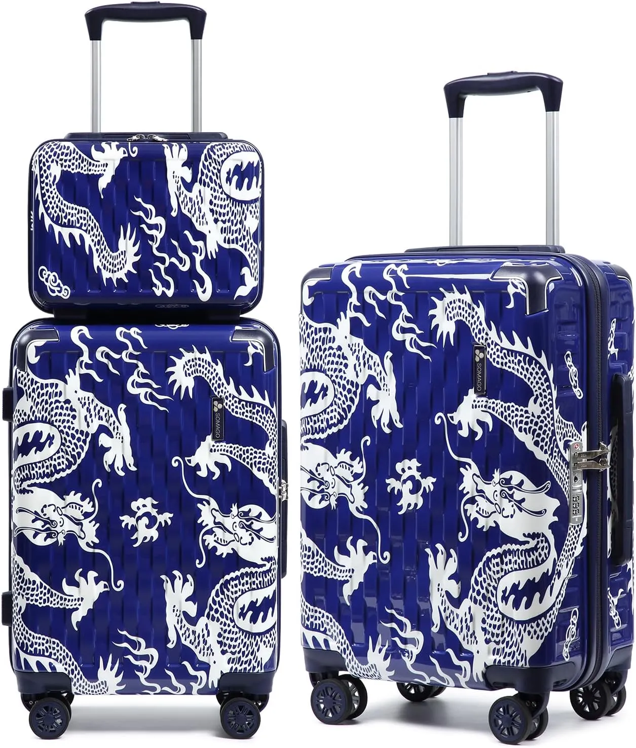 Somago 3 Piece Luggage Sets Lightweight PC ABS Hardshell Travel Suitcase with Spinner Wheels TSA Lock YKK Zippers Corner Protection Loong Cultural Design(13"/20"/24", Navy)