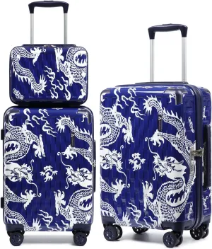 Somago 3 Piece Luggage Sets Lightweight PC ABS Hardshell Travel Suitcase with Spinner Wheels TSA Lock YKK Zippers Corner Protection Loong Cultural Design(13"/20"/24", Navy)