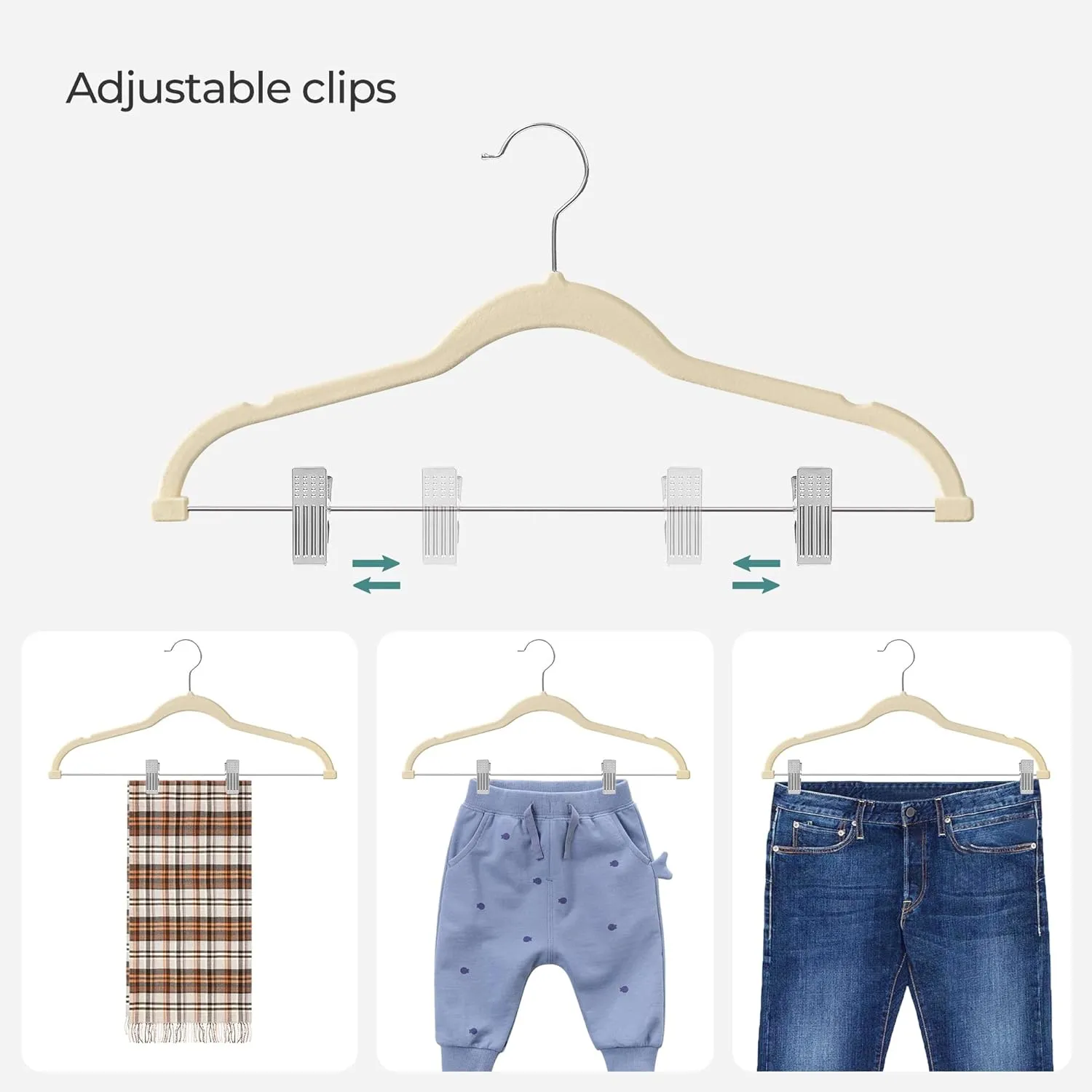 SONGMICS 20-Pack Pants Hangers, 16.7-Inch Long Velvet Hanger with Adjustable Clips, Heavy-Duty, Non-Slip Skirt Hangers, Space-Saving for Pants, Skirts, Coats, Dresses, Sandy Beige UCRF012K20