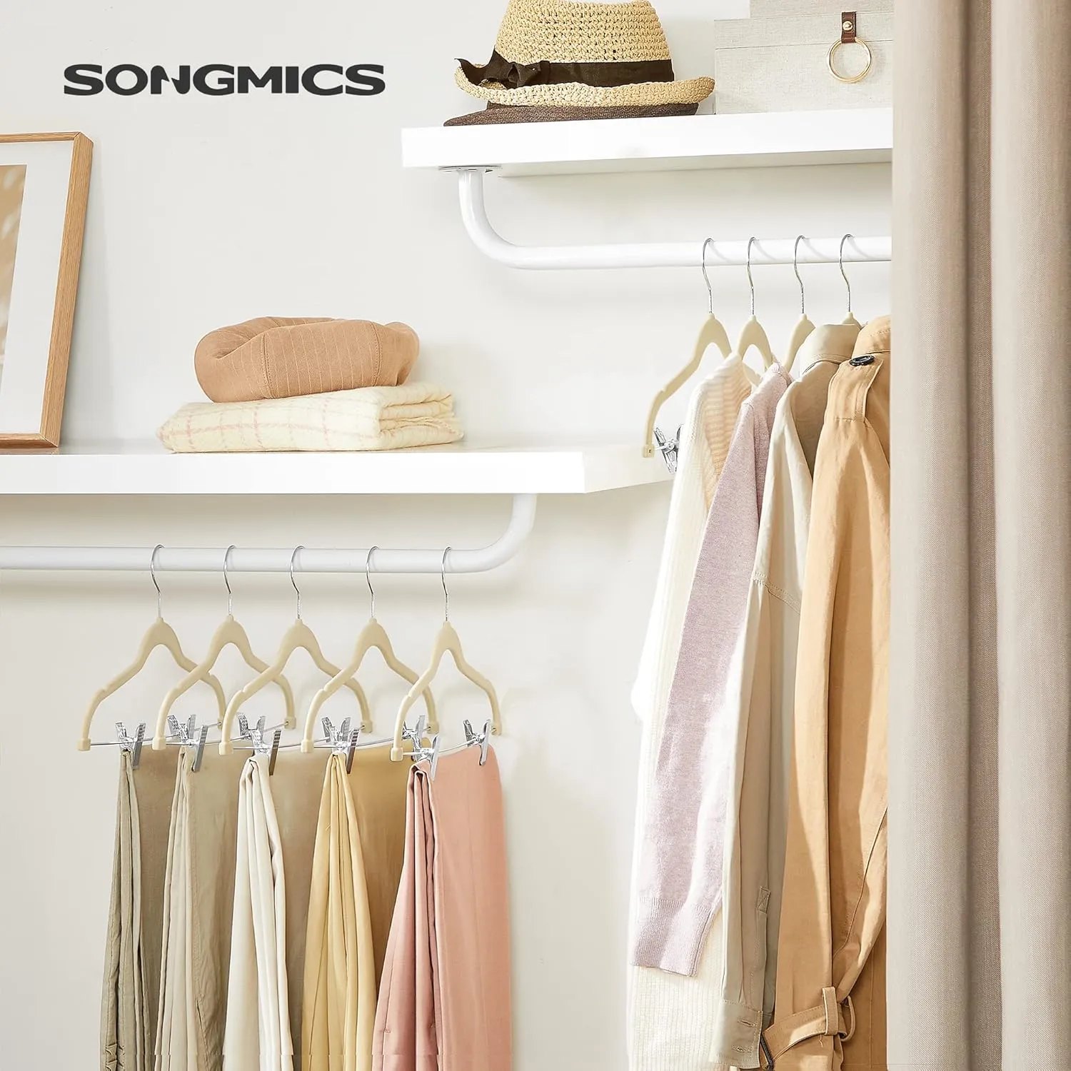 SONGMICS 20-Pack Pants Hangers, 16.7-Inch Long Velvet Hanger with Adjustable Clips, Heavy-Duty, Non-Slip Skirt Hangers, Space-Saving for Pants, Skirts, Coats, Dresses, Sandy Beige UCRF012K20