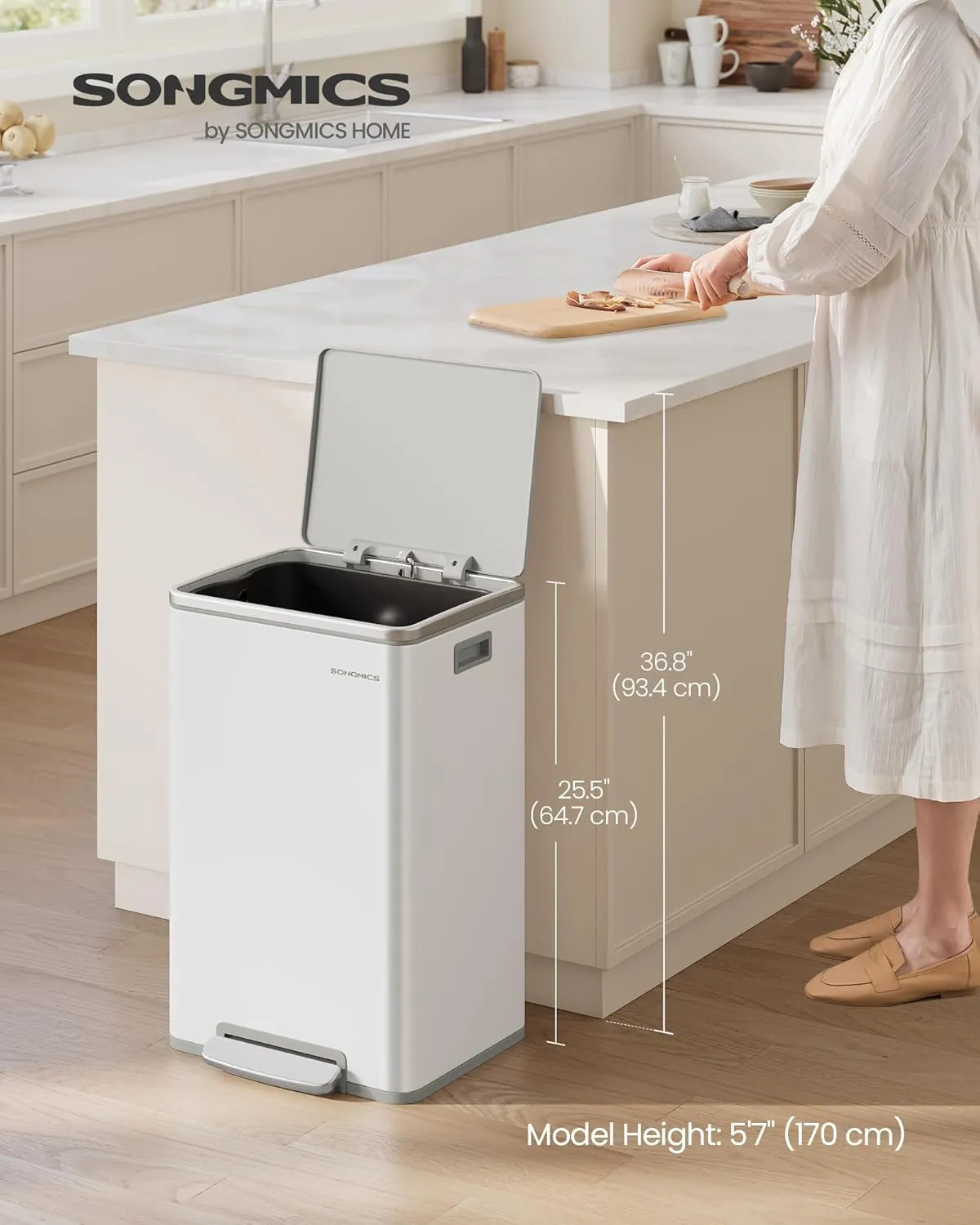 SONGMICS Trash Can, 13-Gallon Gabbage Can, with 15 Trash Bags, Steel, with Soft-Close Lid, Removable Inner Bucket, Handles, Cloud White ULTB595W01V1