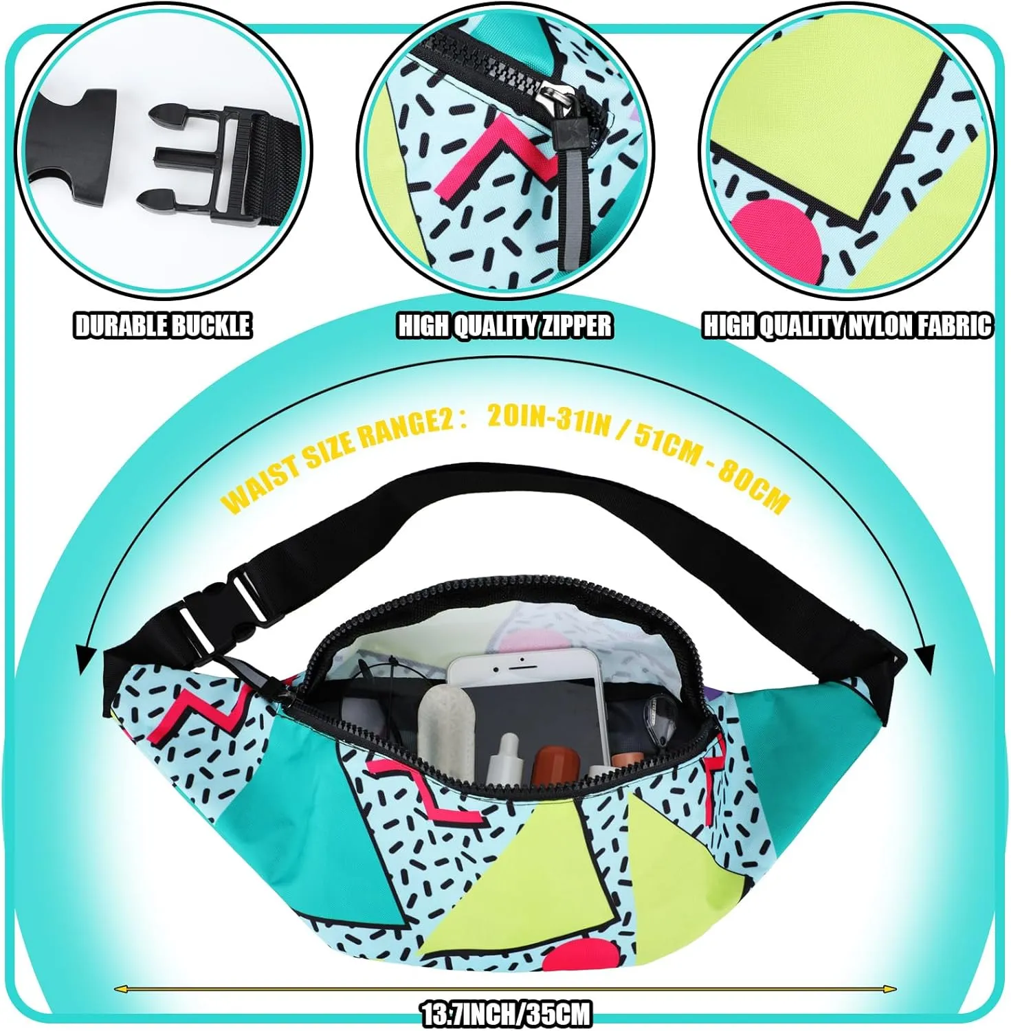 Sotiff 2 Pcs 80s 90s Fanny Pack Retro Waist Packs for Men Women Adjustable Casual Waist Bag Neon Cute Vintage Hiking Belt Bags for Travel Party Festival Hiking(Lovely Style)