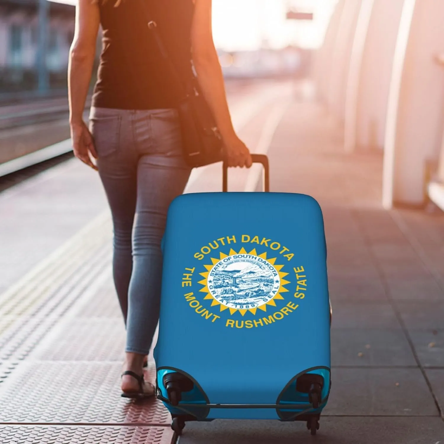 South Dakota Flag Print Luggage Cover For Suitcases, Elastic Travel Bag For Luggage, Stylish Design