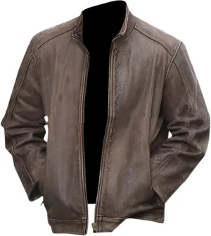 SpazeUp Men's Lambskin Leather Jacket - Distressed Brown Leather Motorcycle Jacket Men