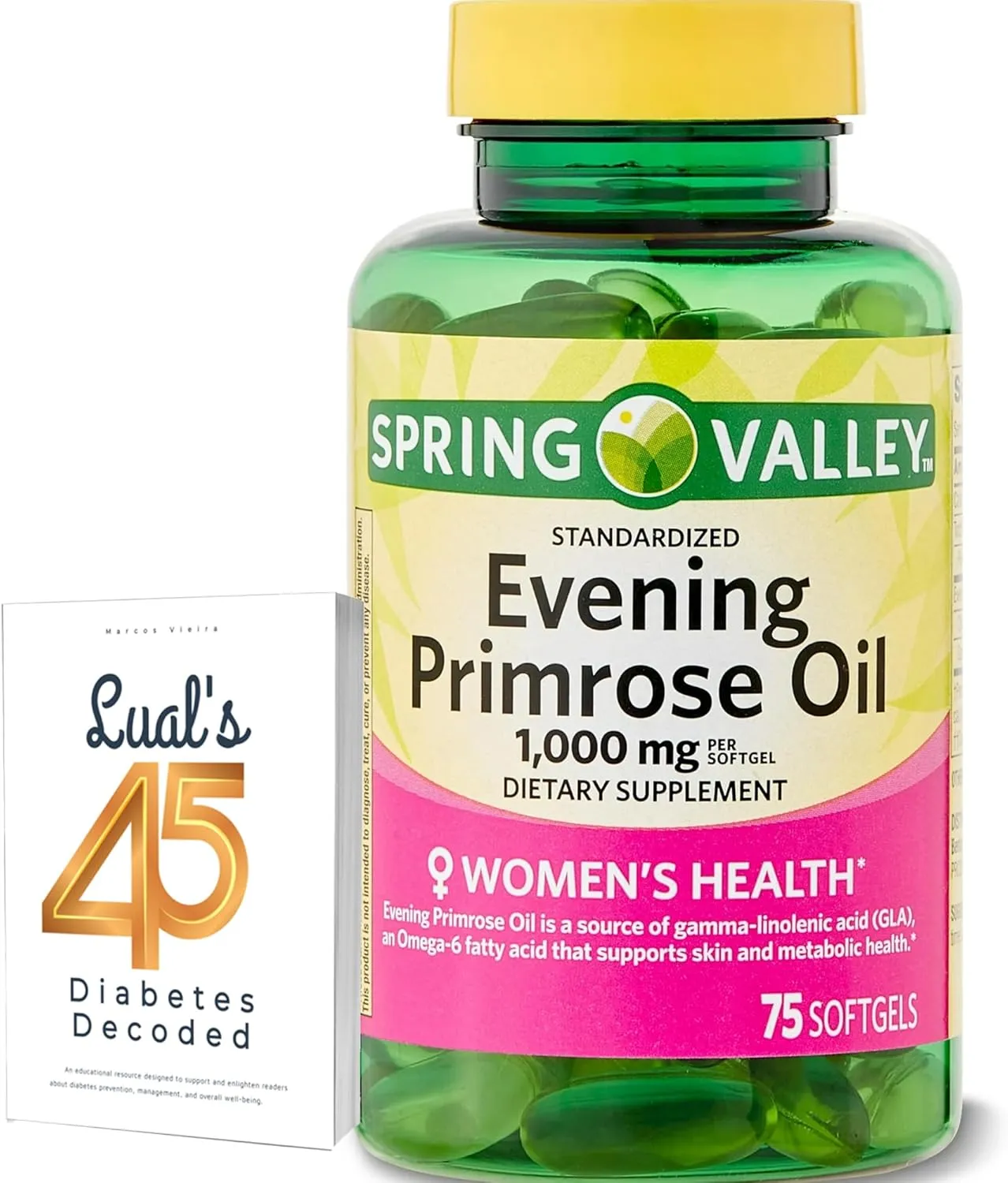 Spring Valley Evening Primrose Oil Women's Health Dietary Supplement Softgels, 1000 mg, 75 Count, Softgels, Evening Primrose Oil Capsules 1000mg Bundle with LualL's 45 Diabetes Decoded