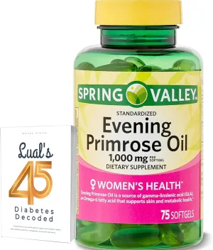 Spring Valley Evening Primrose Oil Women's Health Dietary Supplement Softgels, 1000 mg, 75 Count, Softgels, Evening Primrose Oil Capsules 1000mg Bundle with LualL's 45 Diabetes Decoded