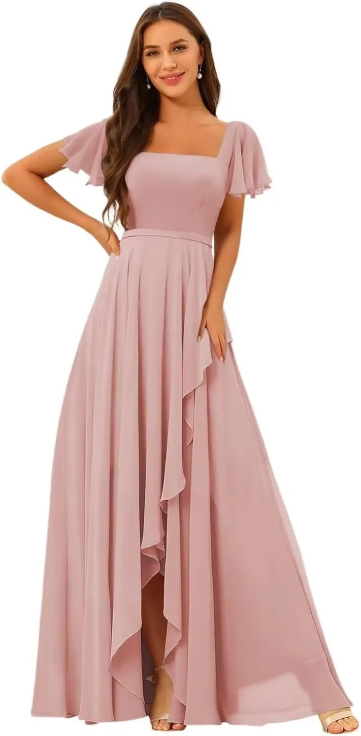 Square Neck Bridesmaid Dresses for Women Short Sleeves Pleated Chiffon Long Formal Evening Dress KY027