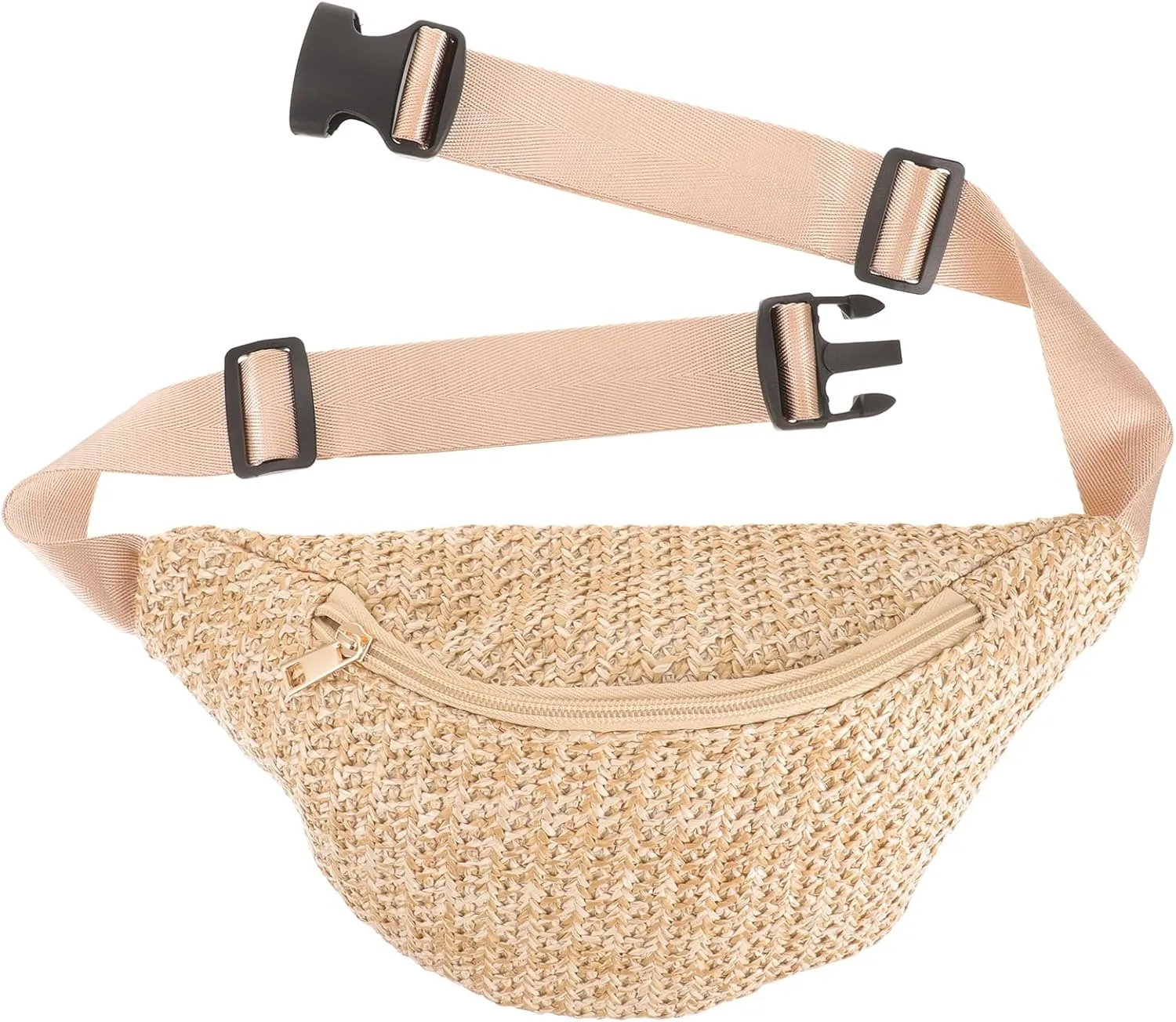 Straw Waist Bag Fashion Summer Chest Bag Imitation Woven Cross- Body Bag Hip Pack with Adjustable Strap for Travel Sport (Light Brown)