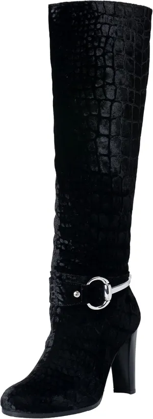 Stuart Weitzman Women's Black Croc Print Velvet High Heel Boots Shoes US 7 IT 37