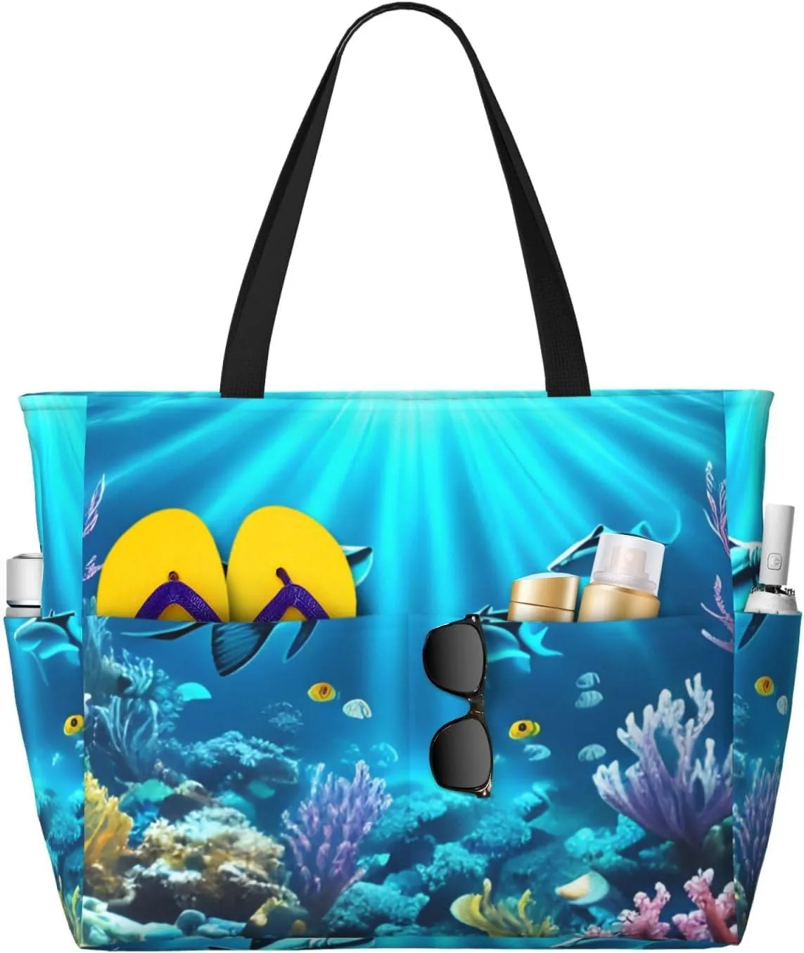 Submarine Coral Rays Print 28L Beach Tote Bag, Water-resistant Travel Tote, Lightweight Gym & Camping Carryall