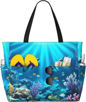 Submarine Coral Rays Print 28L Beach Tote Bag, Water-resistant Travel Tote, Lightweight Gym & Camping Carryall