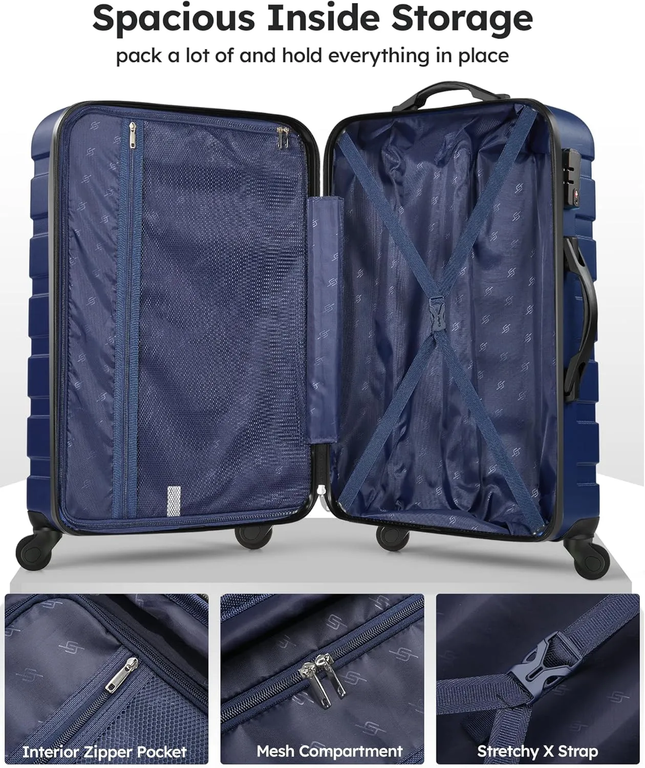 Suitour Luggage 3 Piece Sets Hard Shell Luggage Set Spinner Wheels, TSA Lock, 20 24 28 inch Travel Suitcase Sets, Dark Blue