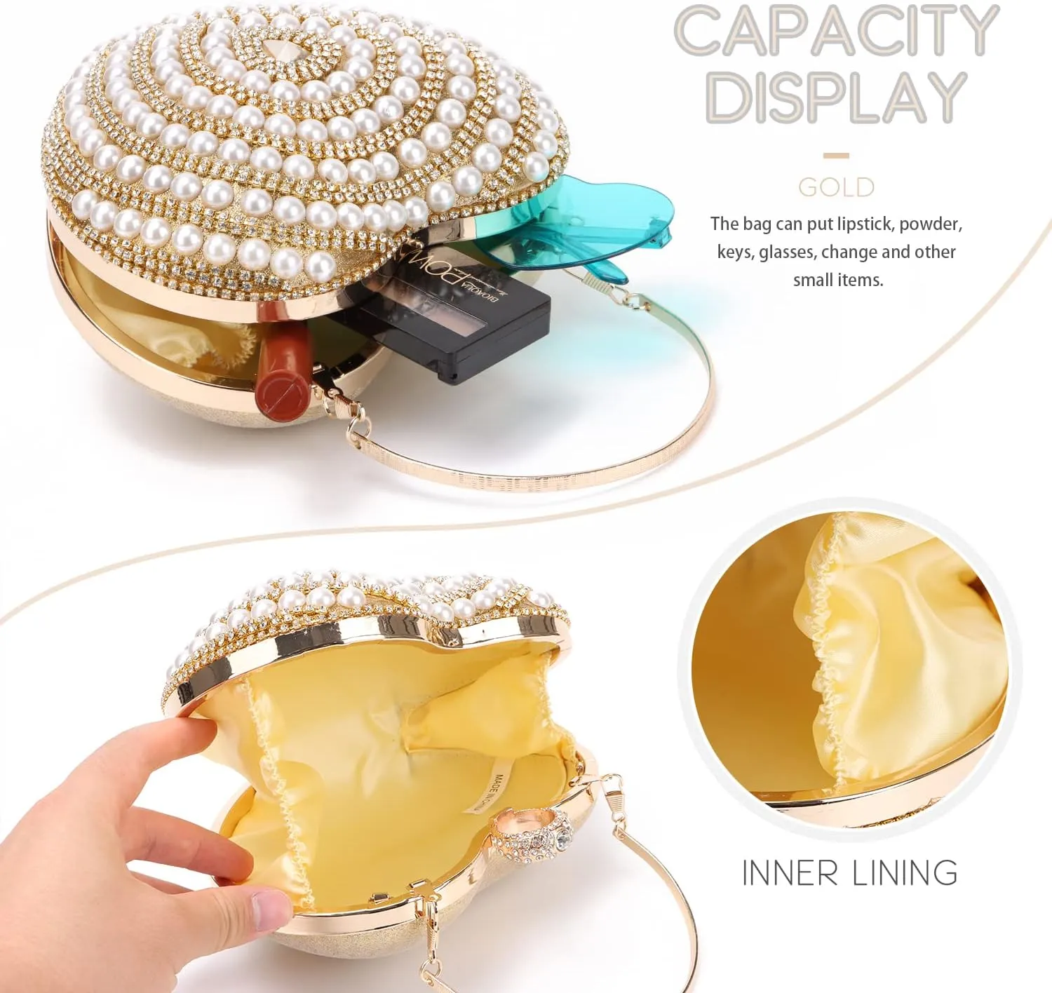 SUKUTU Cute Heart Shape Clutch Bag Women Elegant Pearl Rhinstone Evening Purse Wedding Party Bridal Prom Handbag