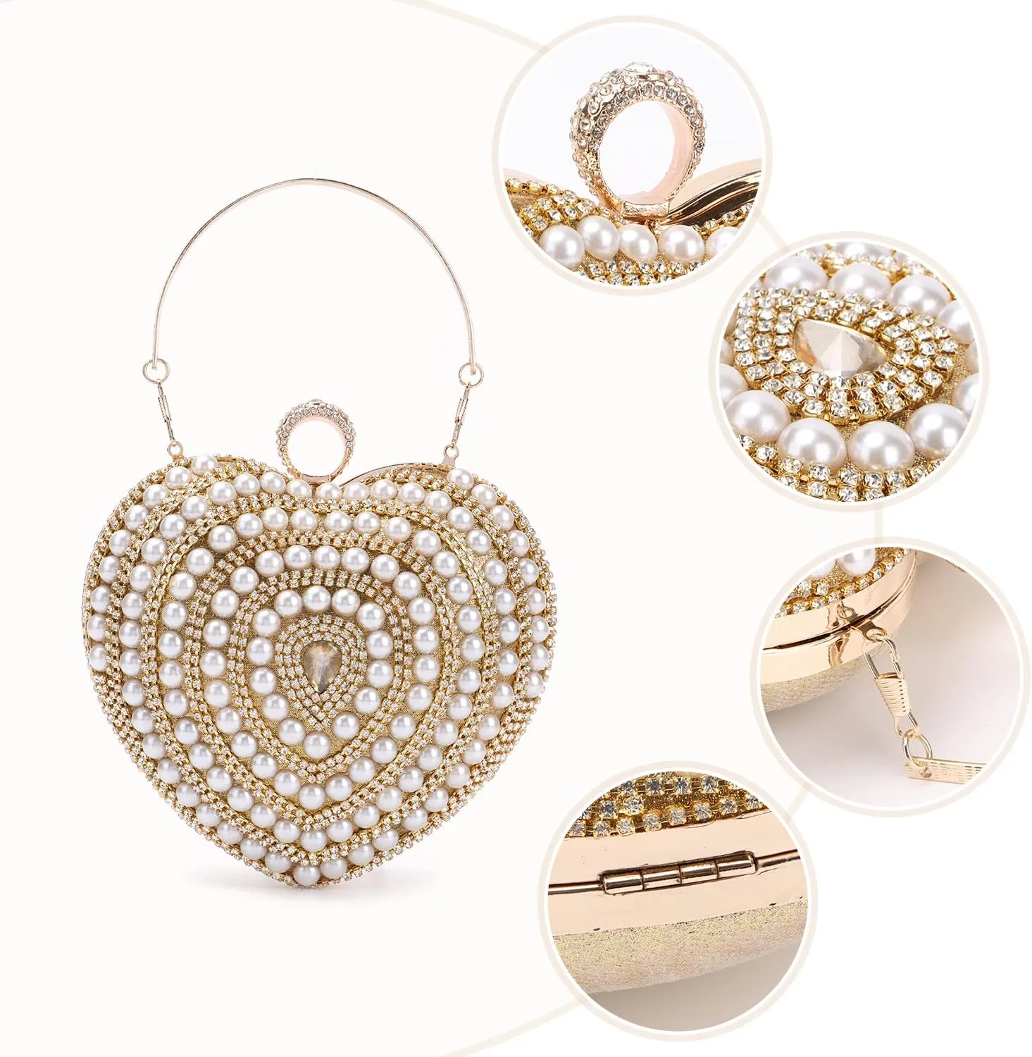 SUKUTU Cute Heart Shape Clutch Bag Women Elegant Pearl Rhinstone Evening Purse Wedding Party Bridal Prom Handbag