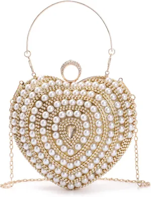 SUKUTU Cute Heart Shape Clutch Bag Women Elegant Pearl Rhinstone Evening Purse Wedding Party Bridal Prom Handbag