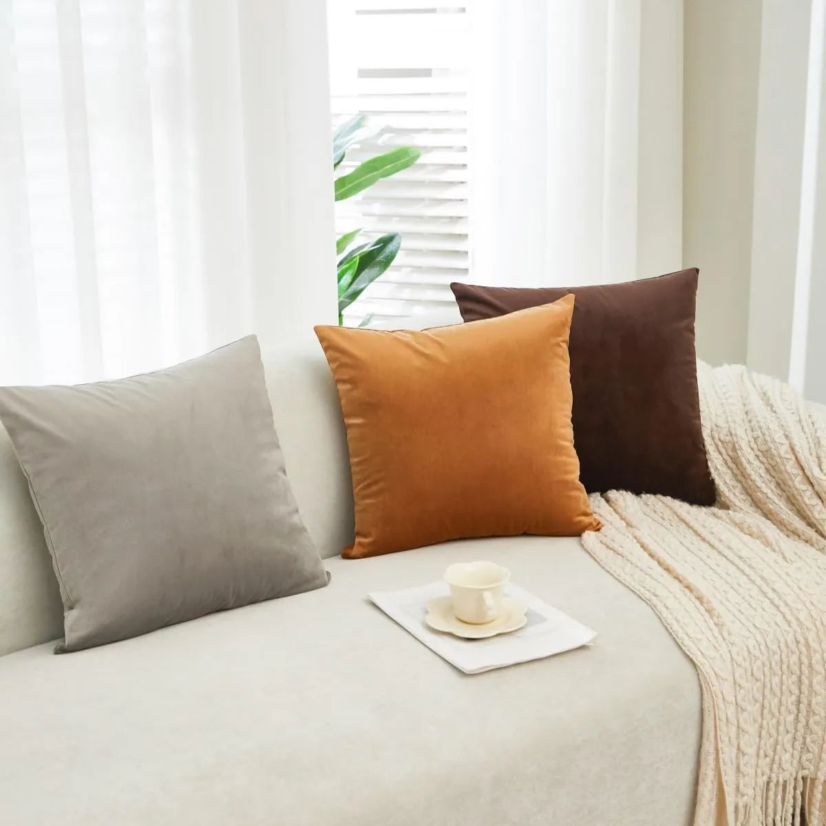 Sunday Praise Pack of 2 Soft Velvet Throw Pillow Covers 20 x 20 Inches Solid Decorative Square Cushion Covers 50 x 50 Cm for Couch Sofa Bed Farmhouse Home Décor Chocolate Brown