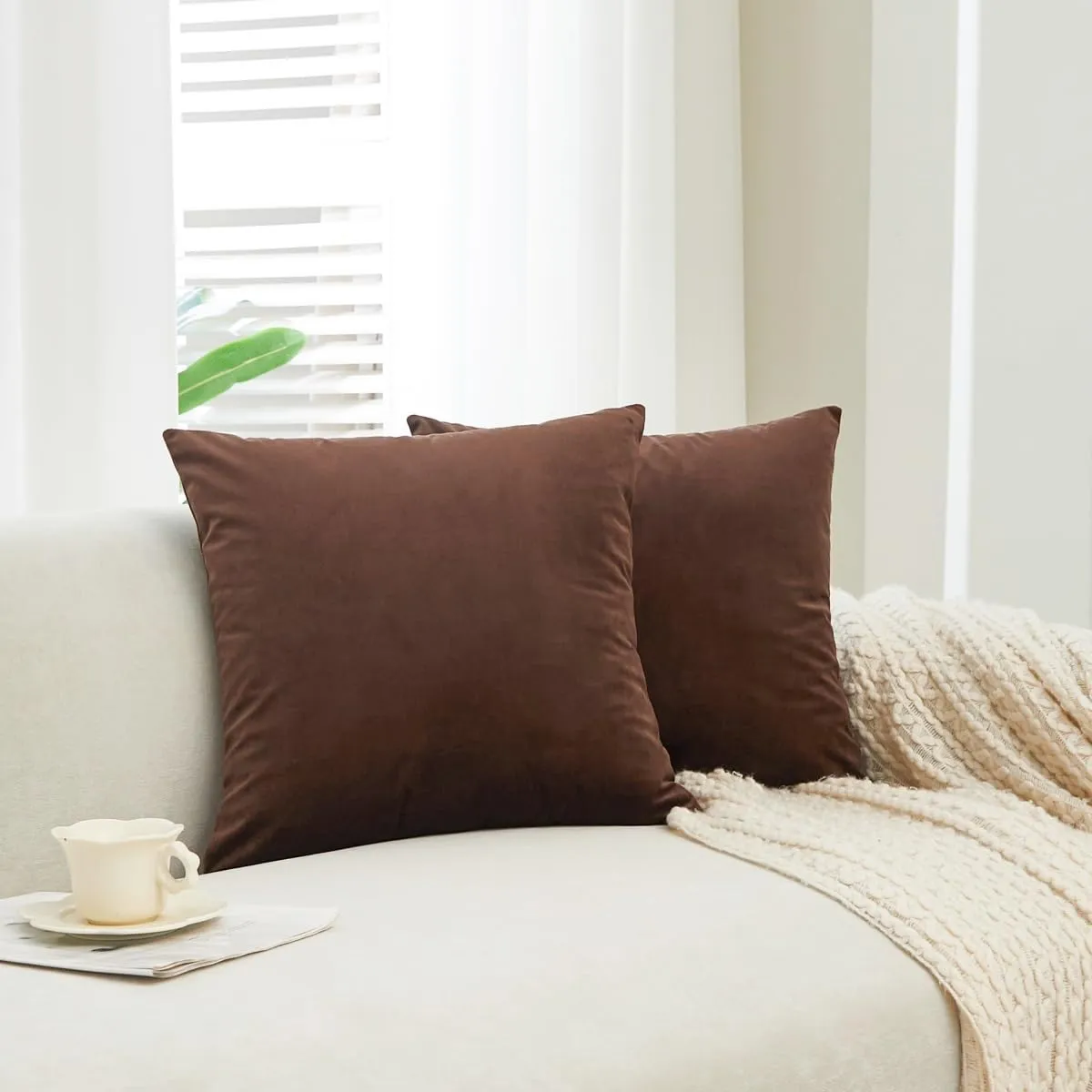 Sunday Praise Pack of 2 Soft Velvet Throw Pillow Covers 20 x 20 Inches Solid Decorative Square Cushion Covers 50 x 50 Cm for Couch Sofa Bed Farmhouse Home Décor Chocolate Brown