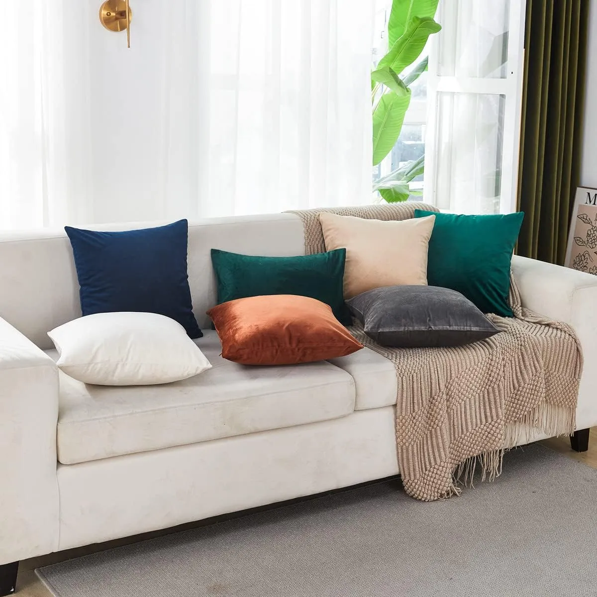 Sunday Praise Soft Thick Velvet Throw Pillow Covers 20 x 20 Inches Set of 2 Solid Decorative Square Cushion Case for Couch Sofa Bed Farmhouse Décor Cream White
