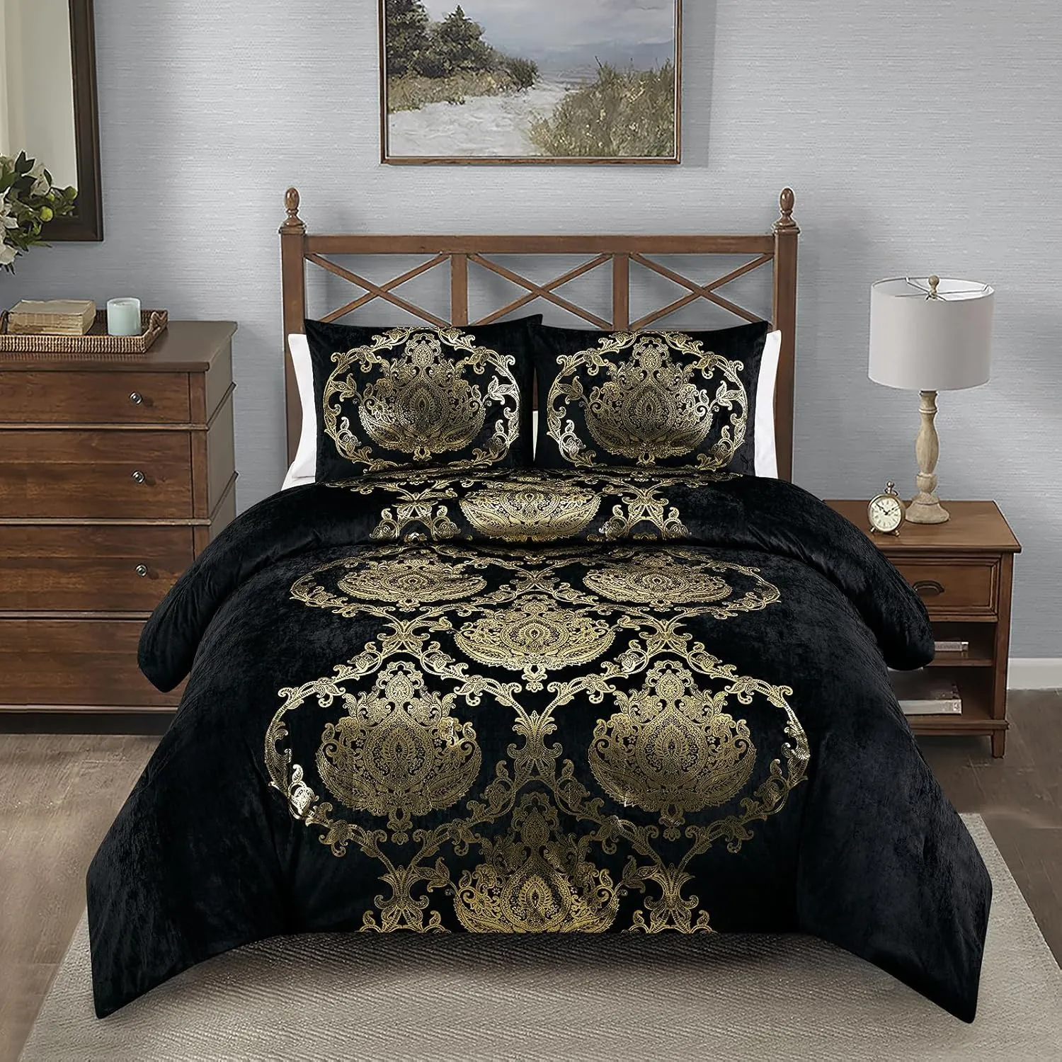 Sunshine Nicole Metallic Print Comforter Set, Distressed Velvet Face with Metallic Foil Print and Brushed Solid Microfiber Reverse, with Light Weight Soft Poly Fill, 3 Pieces Black Gold, King