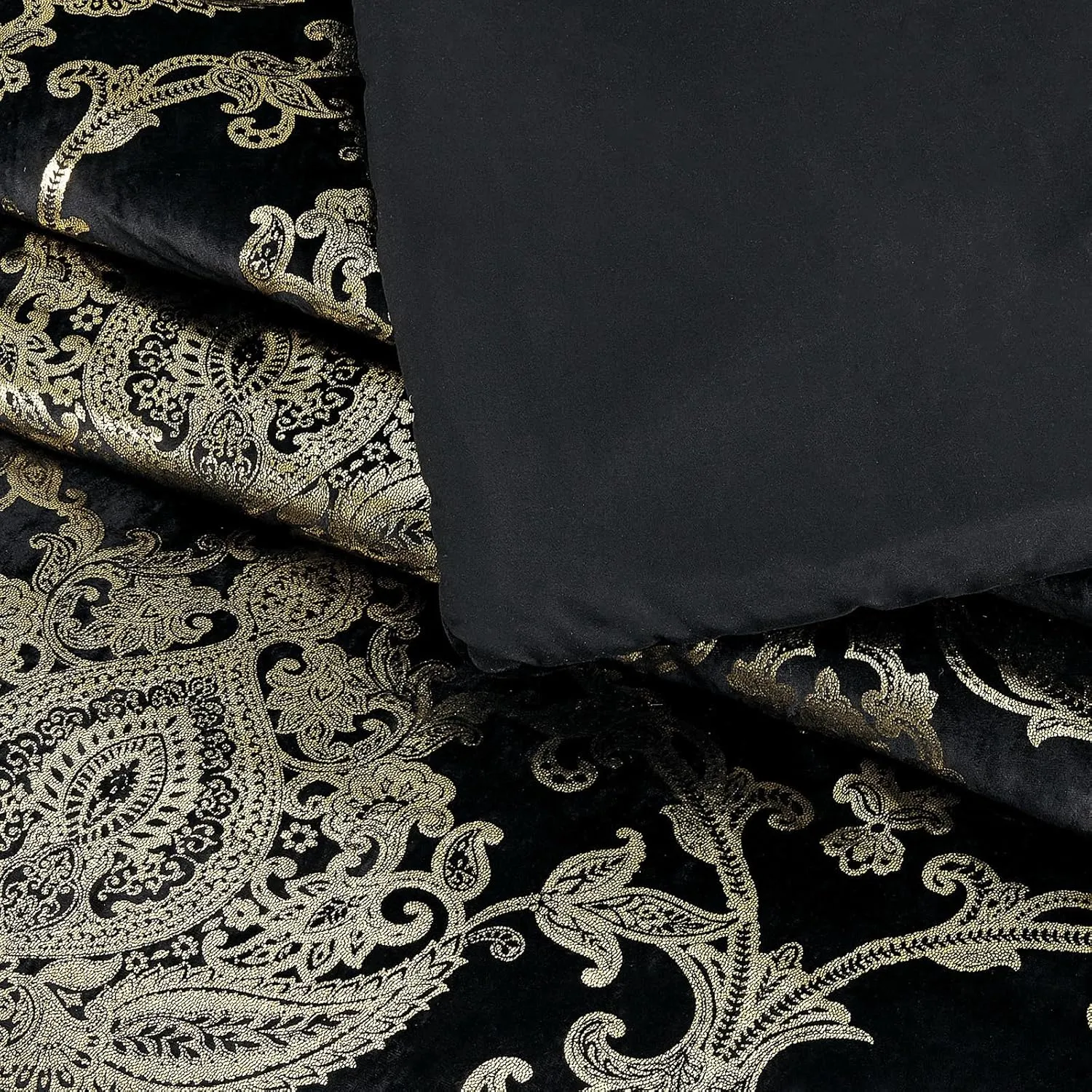 Sunshine Nicole Metallic Print Comforter Set, Distressed Velvet Face with Metallic Foil Print and Brushed Solid Microfiber Reverse, with Light Weight Soft Poly Fill, 3 Pieces Black Gold, King
