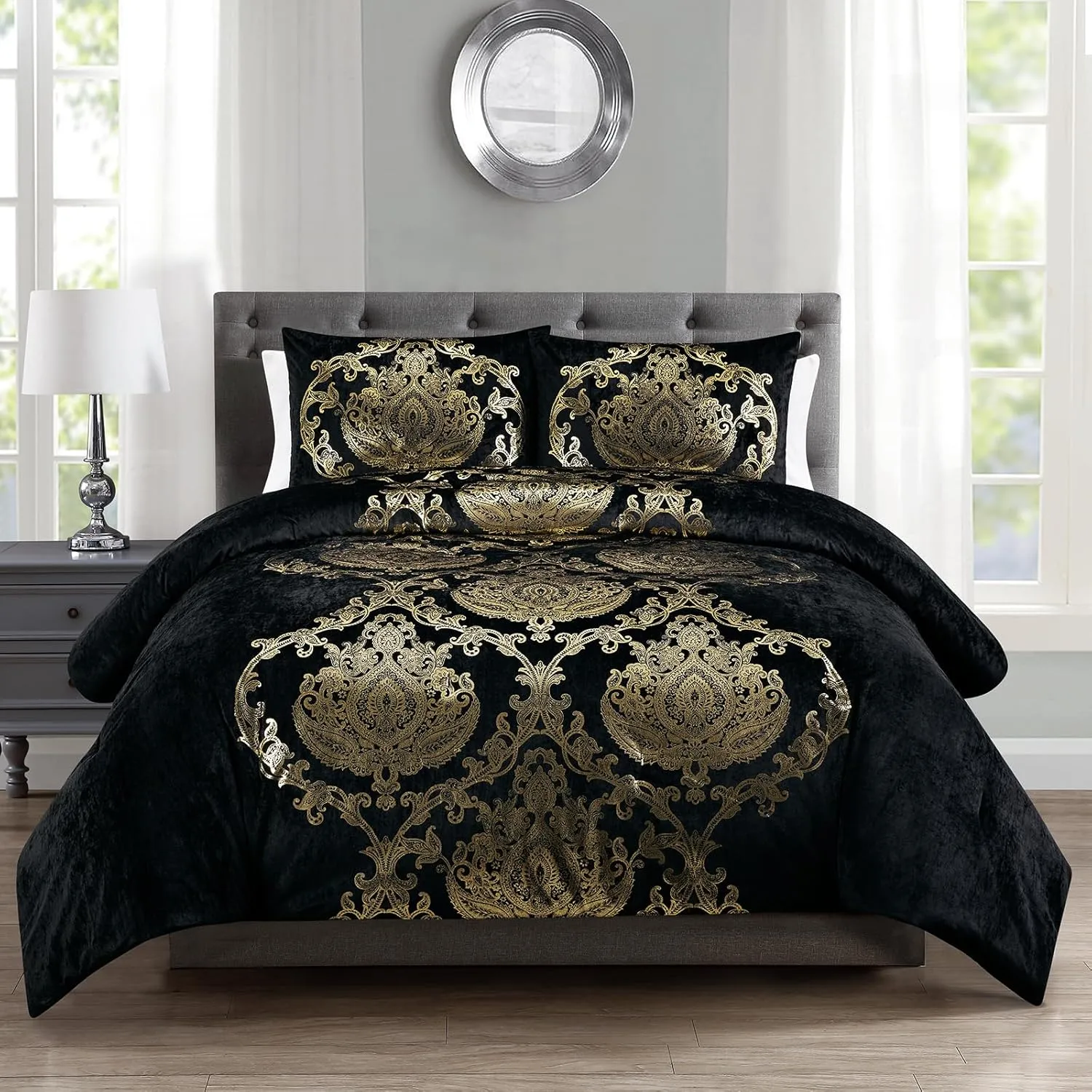 Sunshine Nicole Metallic Print Comforter Set, Distressed Velvet Face with Metallic Foil Print and Brushed Solid Microfiber Reverse, with Light Weight Soft Poly Fill, 3 Pieces Black Gold, King