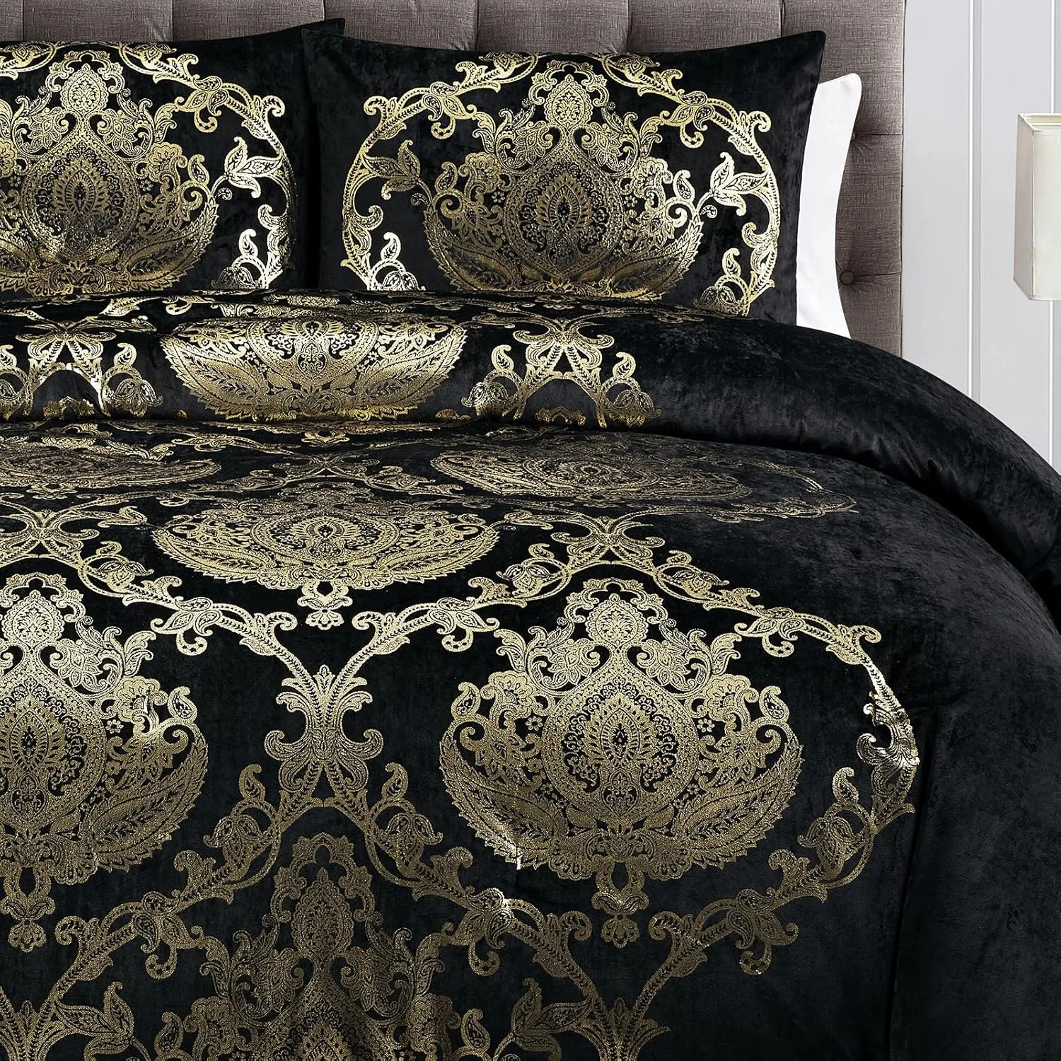 Sunshine Nicole Metallic Print Comforter Set, Distressed Velvet Face with Metallic Foil Print and Brushed Solid Microfiber Reverse, with Light Weight Soft Poly Fill, 3 Pieces Black Gold, King