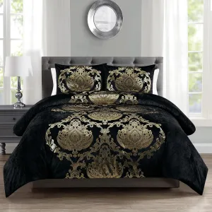 Sunshine Nicole Metallic Print Comforter Set, Distressed Velvet Face with Metallic Foil Print and Brushed Solid Microfiber Reverse, with Light Weight Soft Poly Fill, 3 Pieces Black Gold, King