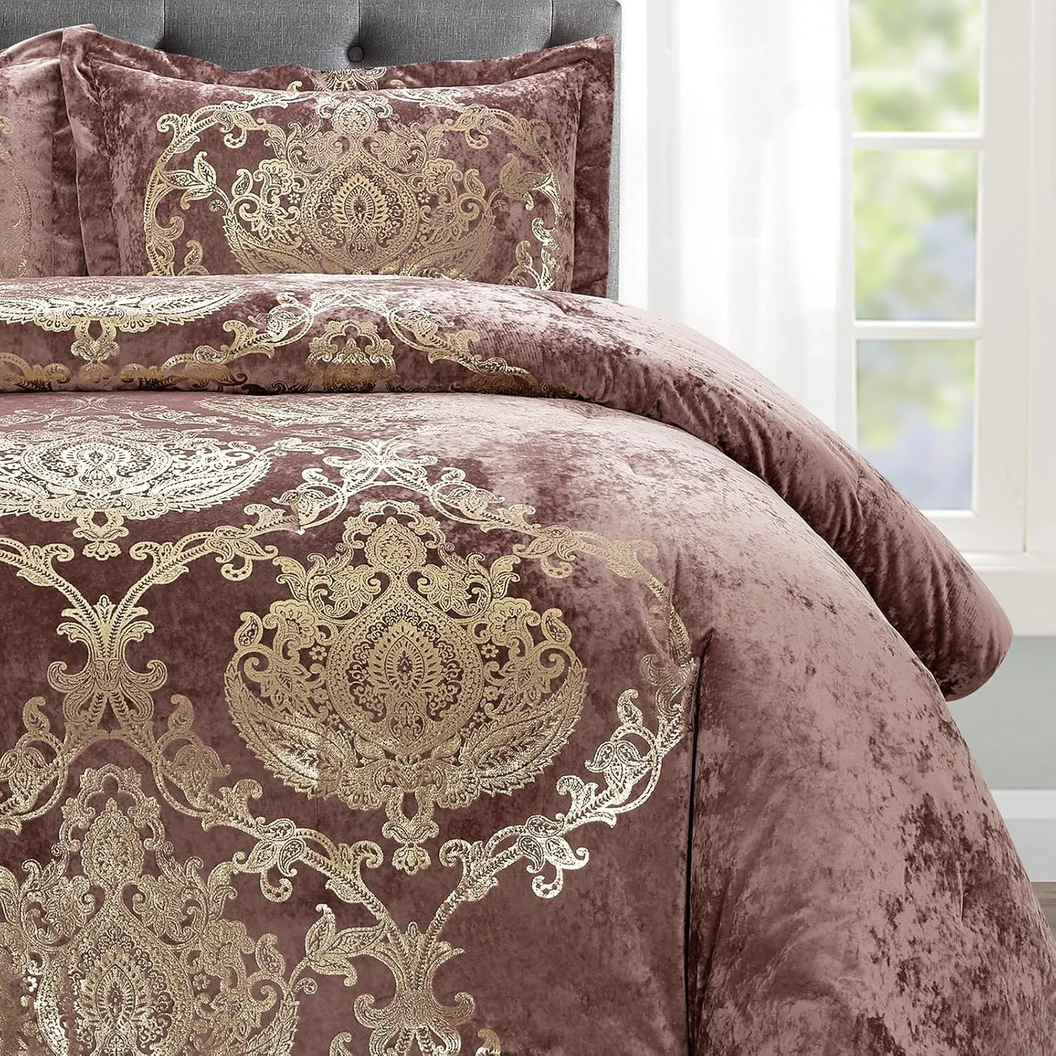 Sunshine Nicole Metallic Print Comforter Set, Distressed Velvet Face with Metallic Foil Print and Brushed Solid Microfiber Reverse, with Light Weight Soft Poly Fill, 3 Pieces Dusty Mauve Gold, Queen