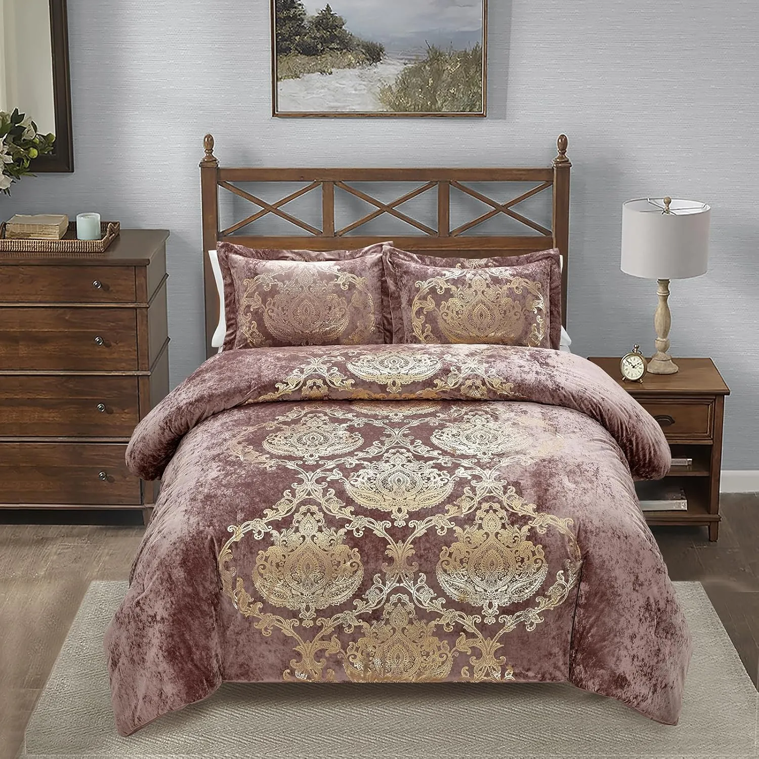 Sunshine Nicole Metallic Print Comforter Set, Distressed Velvet Face with Metallic Foil Print and Brushed Solid Microfiber Reverse, with Light Weight Soft Poly Fill, 3 Pieces Dusty Mauve Gold, Queen