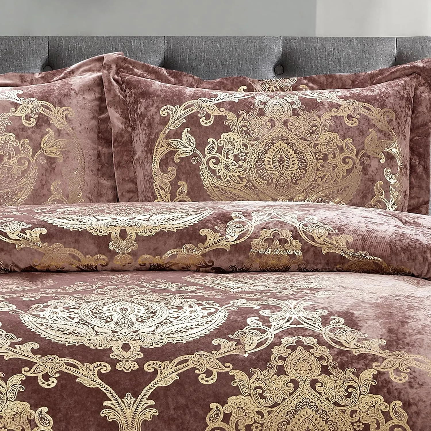 Sunshine Nicole Metallic Print Comforter Set, Distressed Velvet Face with Metallic Foil Print and Brushed Solid Microfiber Reverse, with Light Weight Soft Poly Fill, 3 Pieces Dusty Mauve Gold, Queen