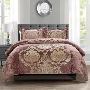 Sunshine Nicole Metallic Print Comforter Set, Distressed Velvet Face with Metallic Foil Print and Brushed Solid Microfiber Reverse, with Light Weight Soft Poly Fill, 3 Pieces Dusty Mauve Gold, Queen