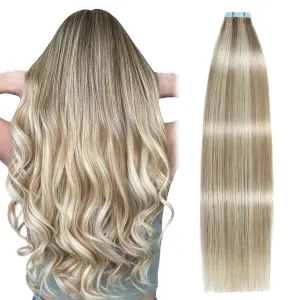 SUYYA Tape in Hair Extensions Human Hair Ash Blonde Highlighted Bleach Blonde 12 Inch 40g/pack 20pcs Straight Seamless Skin Weft Tape in Real Human Hair Extensions(12inch #P18/613)