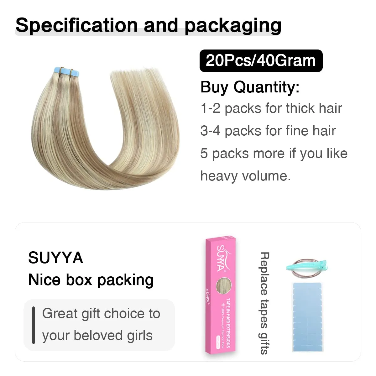 SUYYA Tape in Hair Extensions Human Hair Ash Blonde Highlighted Bleach Blonde 12 Inch 40g/pack 20pcs Straight Seamless Skin Weft Tape in Real Human Hair Extensions(12inch #P18/613)
