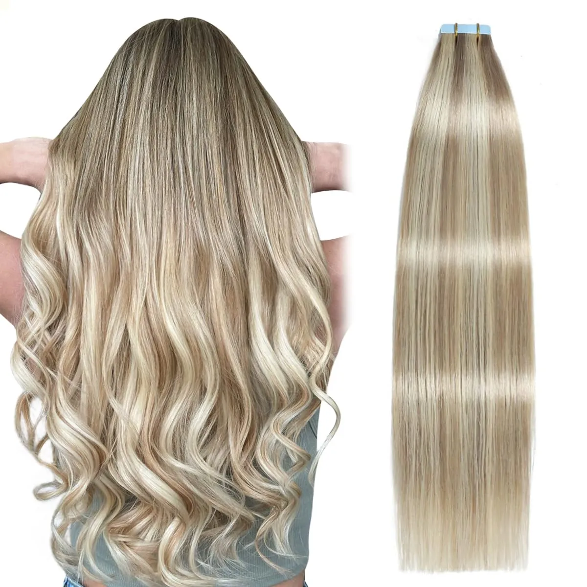SUYYA Tape in Hair Extensions Human Hair Ash Blonde Highlighted Bleach Blonde 12 Inch 40g/pack 20pcs Straight Seamless Skin Weft Tape in Real Human Hair Extensions(12inch #P18/613)