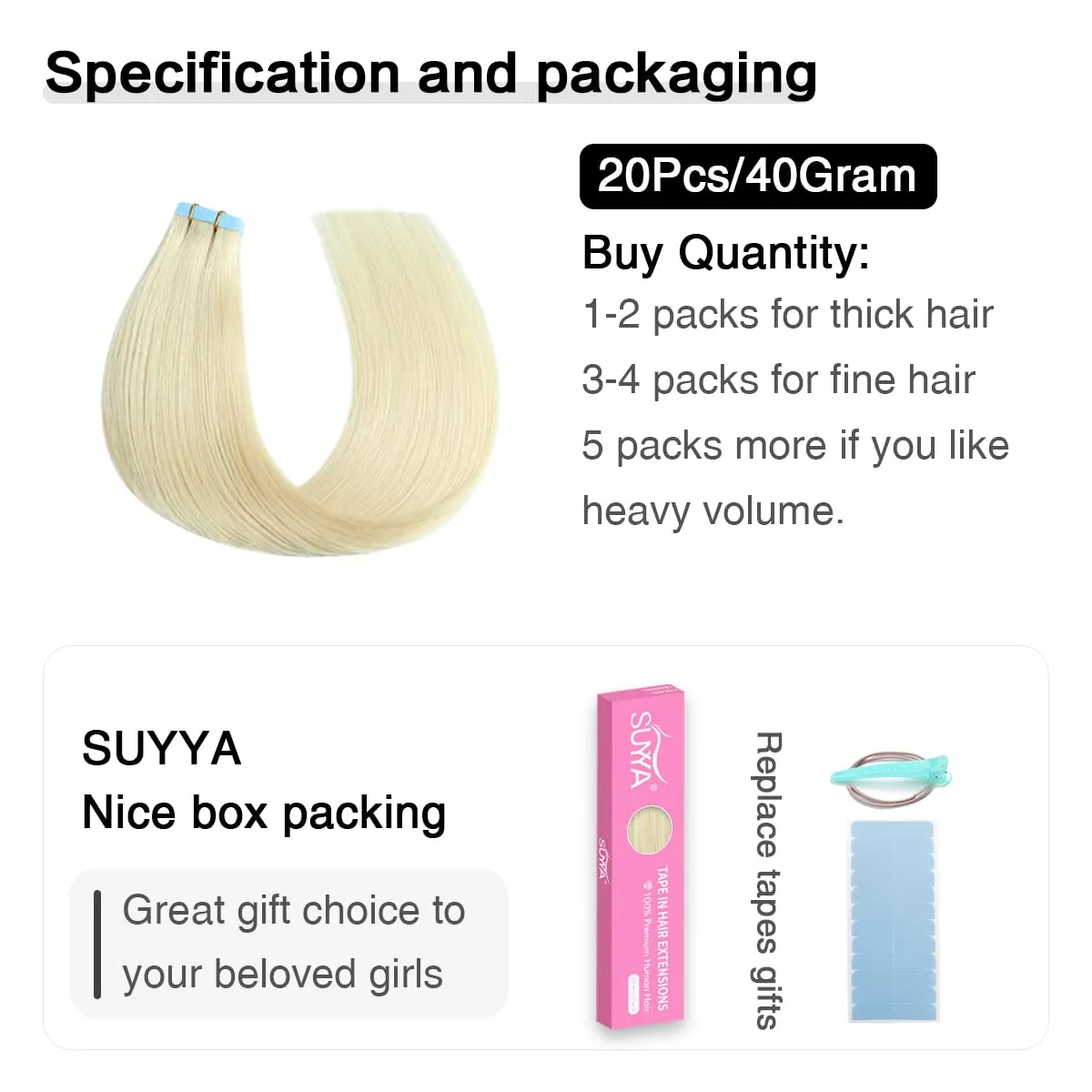 SUYYA Tape in Hair Extensions Human Hair Platinum Blonde 12 Inch 40g/pack 20pcs Straight Seamless Skin Weft Tape in Real Human Hair Extensions(12inch #60)