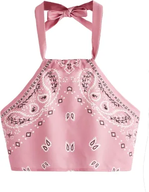 SweatyRocks Women's Vintage Print Halter Neck Crop Top